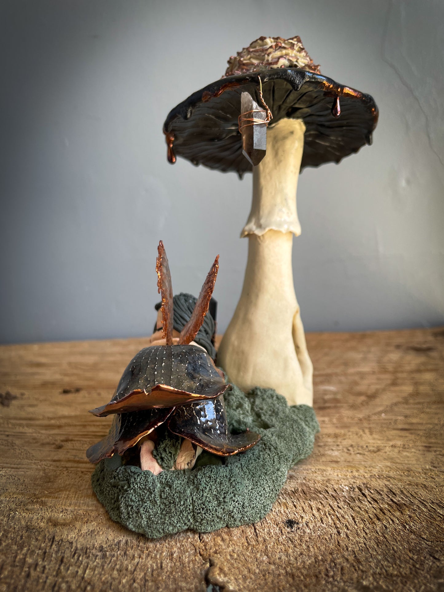 Copper fairy and shaggy ink cap incense burner / nightlight