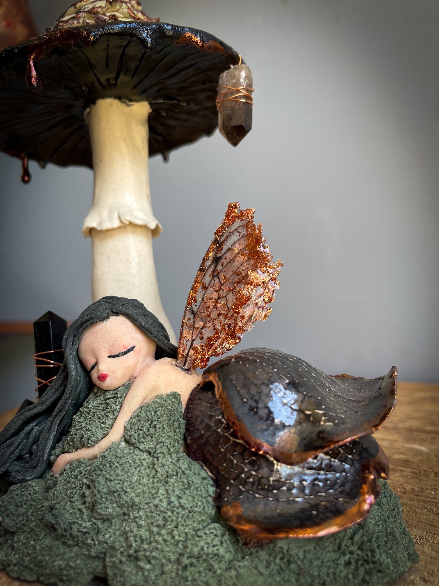 Copper fairy and shaggy ink cap incense burner / nightlight