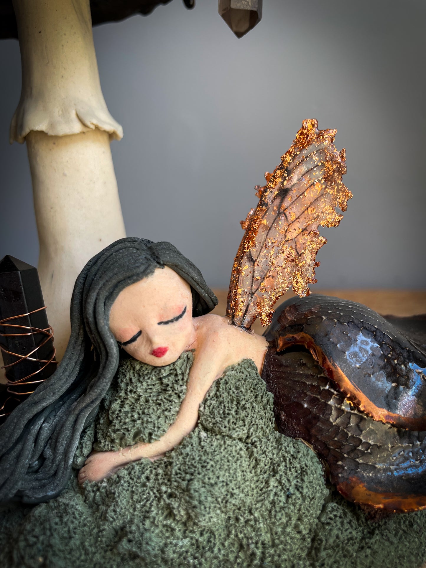 Copper fairy and shaggy ink cap incense burner / nightlight