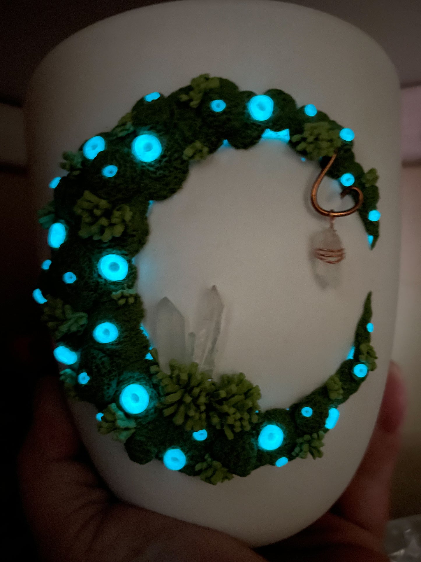 5 inch plastic WALL MOUNTED GLOW in the dark Mossy moon planter/pot. Has drainage