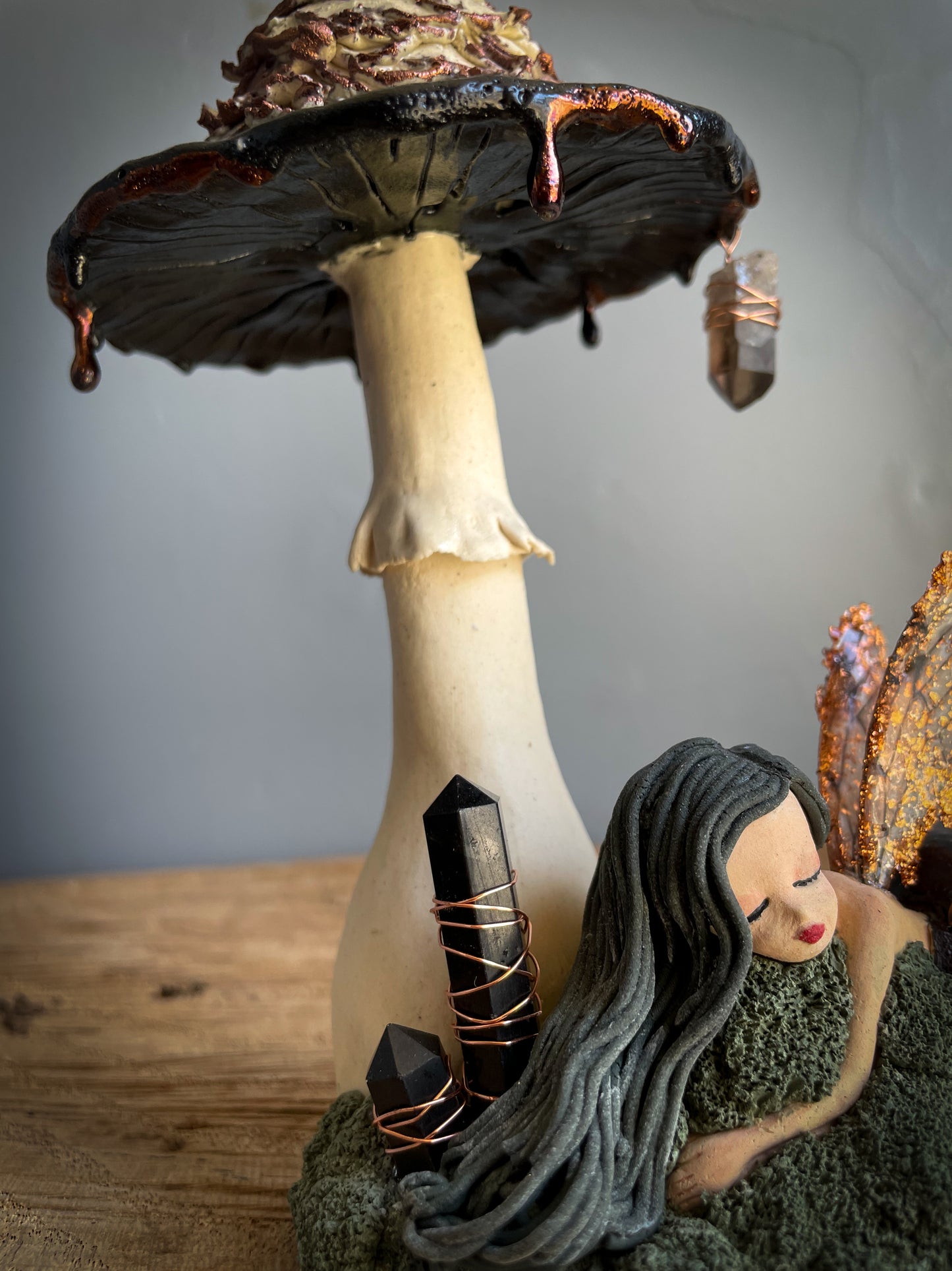 Copper fairy and shaggy ink cap incense burner / nightlight