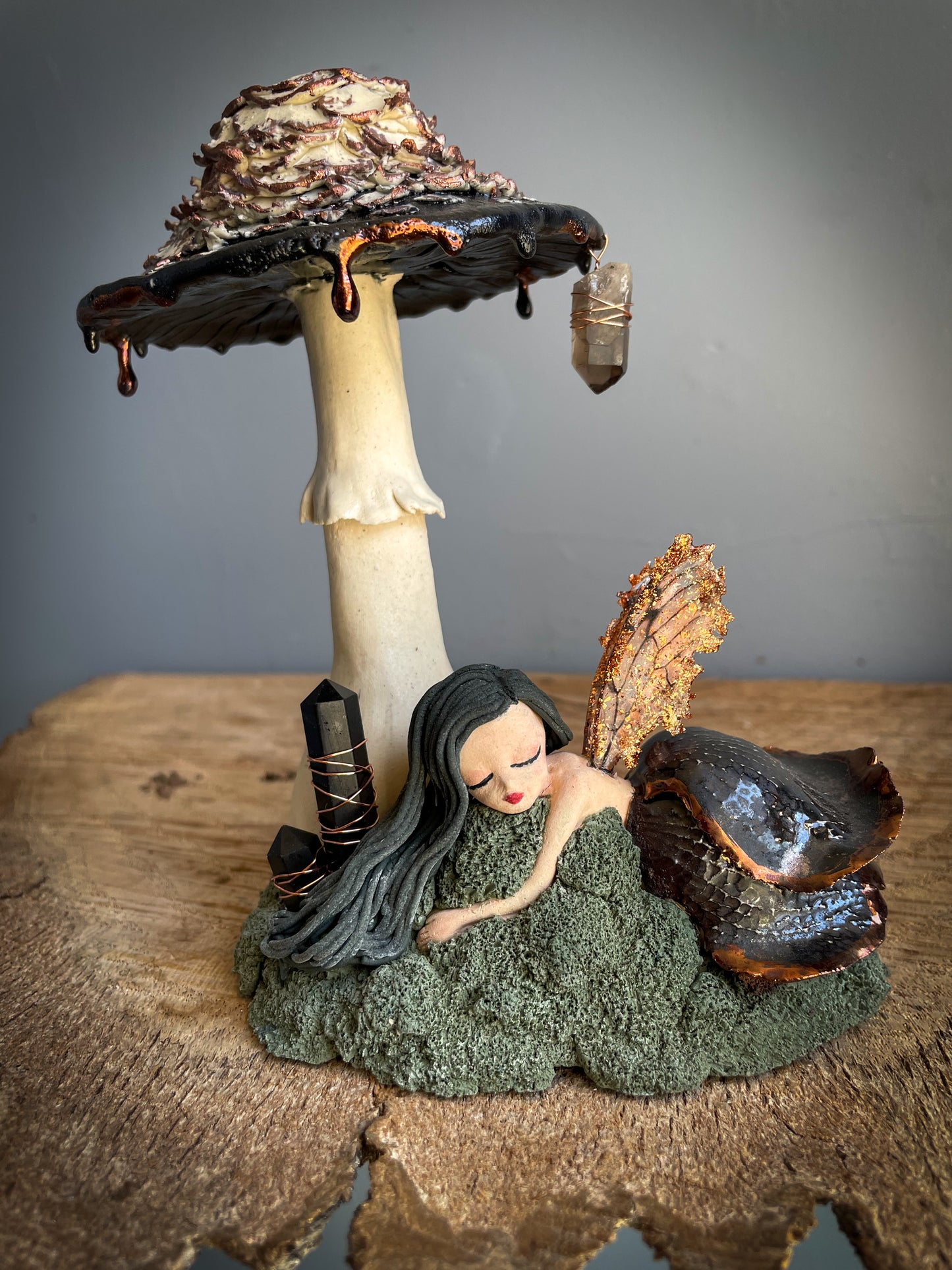 Copper fairy and shaggy ink cap incense burner / nightlight